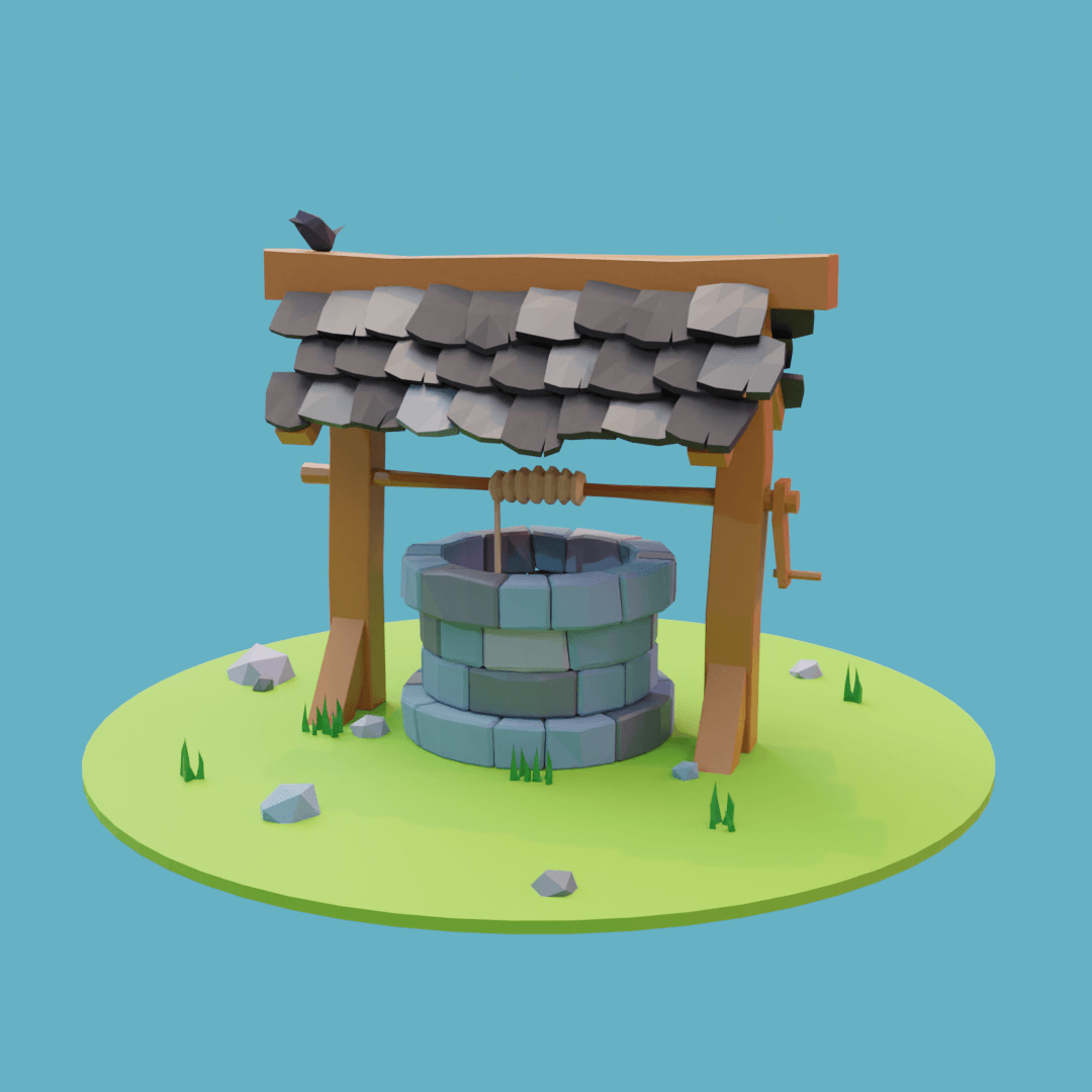 A well with a wooden frame and slate roof